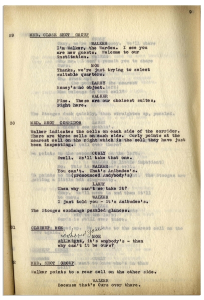 Moe Howard's 29pp. Script Dated March 1942 for The Three Stooges Film ''Three Smart Saps'', With Working Title ''Father's in Jail Again'' -- With Annotation in Moe's Hand -- Very Good Condition